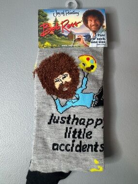 Bob Ross Crew Socks Just Happy Little Accidents' textured fuzzy hair art novelty